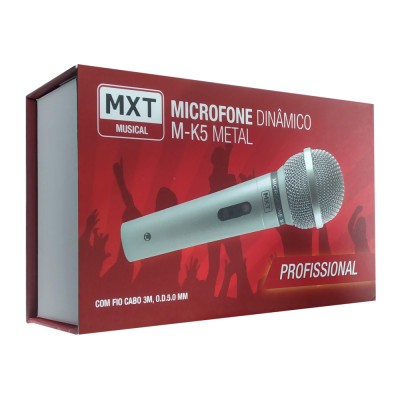 MICROFONE COM FIO DINAMICO METAL MK5 PROFISSIONAL PRATA C/ CABO 3M MXT